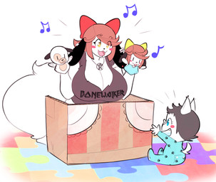 :3 aged_down anthro blue_eyes blush blush_stickers breasts cleavage clothed clothing daww duo female hair happy mature_anthro mature_female musical_note musical_symbol neonate puppet ribbons shirt symbol tail text text_on_clothing text_on_shirt text_on_topwear topwear young young_anthro theycallhimcake holly_applebee maggie_applebee canid canine canis domestic_dog mammal 2017 hi_res mother_(lore) parent_(lore)