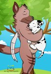 absurd_res adult_(lore) anthro canid canine canis carrying_another cel_shading collar cuddling dalmatian domestic_dog duo fan_character feral friends fur happy hi_res hyena male mammal markings marshall_(paw_patrol) marvispot84 nickelodeon paw_patrol plant shaded spots spotted_body spotted_fur striped_hyena tail tree wings young young_feral