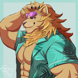 abs aloha_shirt anthro blue_clothing blue_shirt blue_topwear clothed clothing collared_shirt eyewear glasses hair hand_on_head long_hair looking_at_viewer male mane muscular muscular_anthro muscular_male open_clothing open_shirt open_topwear pattern_clothing pattern_shirt pattern_topwear pecs purple_eyewear purple_glasses red_eyes shirt solo topwear shibyokami epic_games fortnite kingston_(fortnite) felid lion mammal pantherine 2025 hi_res