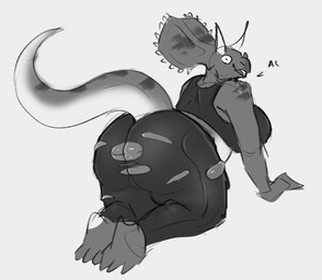 all_fours anthro barefoot big_breasts big_butt bottomwear breasts butt clothed clothing facial_horn feet female female_anthro horn huge_breasts huge_butt huge_hips huge_thighs markings non-mammal_breasts nose_horn open_mouth overweight overweight_anthro overweight_female pants shocked side_view simple_background solo striped_markings striped_tail stripes tail tail_markings thick_thighs topwear torn_bottomwear torn_clothing torn_pants white_background wide_eyed wide_hips jezzlen panela_(jezzlen) ceratopsian ceratopsid chasmosaurine dinosaur marginocephalian ornithischian prehistoric_species reptile scalie triceratops monochrome sketch