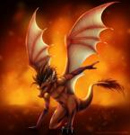 anthro blue_eyes brown_hair claws embers fire hair horn male membrane_(anatomy) membranous_wings nude solo tail text wings zagiir mythology dragon mythological_creature mythological_scalie scalie digital_media_(artwork) english_text signature watermark