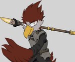 armor belt breastplate clothing feathers fighting_pose holding_object holding_weapon looking_at_viewer male melee_weapon pauldron polearm pose shirt simple_background solo spear tail topwear weapon white_background winged_arms wings sevens_artchive starbound cipil_(sevens_artchive) avian avian_(starbound) 6:5