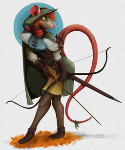 anthro armor arrow_(weapon) belt biped boots bottomwear bow_(weapon) breasts butt cape clothed clothing female fingers footwear fur gloves green_eyes hair handwear headgear holding_object holding_ranged_weapon holding_weapon hood long_tail melee_weapon ranged_weapon red_hair shoes simple_background snout solo standing sword tail teeth topwear weapon whiskers gompami mammal murid murine rat rodent 2025 absurd_res digital_media_(artwork) hi_res