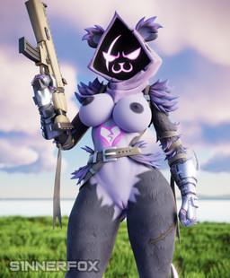 >:3 angry anthro breasts female genitals gun half-closed_eyes looking_at_viewer narrowed_eyes nude ranged_weapon shadow_face solo vulva weapon s1nnerfox epic_games fortnite raven_team_leader bear mammal 3d_(artwork) digital_media_(artwork) hi_res