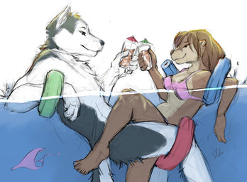 5_fingers 5_toes anthro anthro_on_anthro anthro_penetrated anthro_penetrating anthro_penetrating_anthro beverage bikini bikini_bottom bikini_top black_body black_fur black_nose bottomless bottomless_anthro bottomless_female breasts brown_body brown_fur brown_hair clothed clothed_anthro clothed_female clothing discarded_bikini_bottom discarded_clothing discarded_swimwear duo feet female female_penetrated fingers floating fur hair humanoid_feet humanoid_hands interspecies knotting larger_male male male/female male_penetrating male_penetrating_female nude nude_anthro nude_male partially/partially_submerged partially_clothed partially_clothed_anthro partially_clothed_female partially_submerged penetration plantigrade sex sex_in_water size_difference skinny_dipping smaller_female smaller_penetrated swimwear tail toes two-piece_swimsuit water waterline_view white_body white_fur slate windfall_(book) kylie_bevy max_saber canid canine canis domestic_dog husky mammal mustelid nordic_sled_dog otter spitz 2022