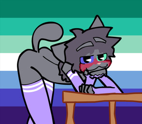 ambiguous_gender anthro bent_over bent_over_furniture bent_over_table femboy fur grey_body grey_fur lgbt_pride male male/male pride_colors raised_tail small_tail solo tail vincian_pride_colors warmers slippykitty jake_(inkblotanim) animal_humanoid cat_humanoid domestic_cat felid felid_humanoid feline feline_humanoid felis humanoid hybrid mammal mammal_humanoid hi_res