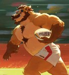 anthro armpit_hair ball barazoku beard belly biceps big_muscles blurred_background bodily_fluids body_hair bottomwear chest_hair claws clothed clothing exercise eyebrows eyewear facial_hair fur goggles hair holding_ball holding_object male muscular muscular_anthro muscular_male mustache nipples pecs rugby rugby_ball running shorts side_view smile solo sport sweat teeth topless topless_anthro topless_male tuft workout 0rang3 bear mammal 2022 hi_res signature