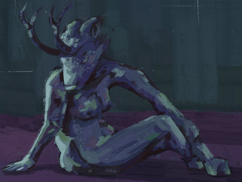 abstract_background anthro antlers belly blush breasts deer_ears eyelashes female freckles hooves horn lounging nipples slightly_chubby solo spots whiskers ink_doctor deer mammal 4:3