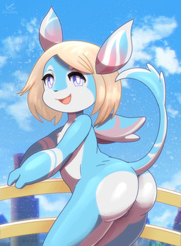 anthro barely_visible_genitalia blonde_hair blue_body butt casual_nudity female genitals hair looking_at_viewer looking_back multicolored_body nipples nude outside pink_body pink_nipples presenting presenting_hindquarters purple_eyes short_hair solo tail vulva white_body zeklullaby genshin_impact mihoyo aeval_(genshin_impact) aquatic melusine_(genshin_impact) 2026 digital_media_(artwork) hi_res