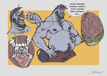 anthro beard belly belly_hair big_belly body_hair bottomwear chest_hair clothing dialogue duo facial_hair hand_on_belly horn internal macro male mature_male micro mouth_shot musclegut muscular nipples open_mouth oral_vore organs pants pecs reverse_mouth_shot size_difference stomach teeth text tongue vore faustoxiii mythology equid equine mammal mythological_creature mythological_equine unicorn english_text