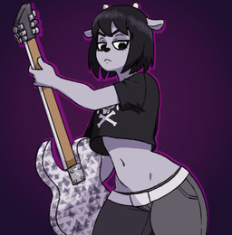 anthro black_clothing black_hair black_shirt black_topwear bottomwear clothed clothing denim denim_bottomwear denim_clothing electric_guitar eyelashes female fur grey_body grey_bottomwear grey_clothing grey_fur guitar hair holding_musical_instrument holding_object horn jeans looking_at_viewer midriff musical_instrument navel pants plucked_string_instrument print_clothing print_topwear purple_background shirt short_hair short_horn simple_background small_horn solo string_instrument thick_thighs topwear wide_hips rottedpaint parappa_the_rapper sony_corporation sony_interactive_entertainment um_jammer_lammy rammy_lamb bovid caprine mammal sheep hi_res