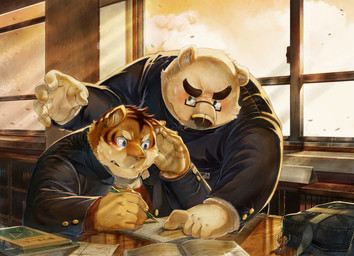 anthro blush book classroom clothing detailed_background duo eyewear glasses humanoid_hands inside kemono male male/male overweight overweight_male school shirt topwear kijimaru bear felid mammal pantherine tiger 2012