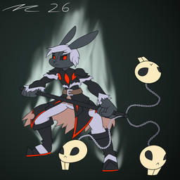 abstract_background anthro black_body black_fur bone flail fur hair male melee_weapon narrowed_eyes red_eyes serious skull solo weapon white_hair dirtymac mac-daddy lagomorph leporid mammal rabbit undead zombie 1:1 hi_res