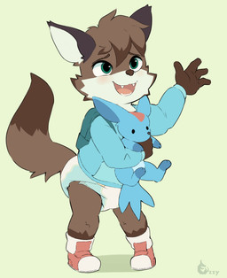 4_fingers anthro backpack brown_body brown_fur brown_hair clean_diaper clothed clothing diaper exposed_diaper fingers footwear fur gesture green_eyes hair male open_mouth raised_tail shoes simple_background smile solo standing tail teeth_showing toddler waving wearing_diaper young young_anthro young_male ozzybear rikima_(rikimafoxcat) canid canine fox mammal 2021 absurd_res hi_res watermark
