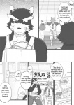 anthro canid canine canis chest_tuft clothed clothing comic cotton_(artist) dialogue domestic_dog english_text food fur greyscale male mammal monochrome natsume_(tooboe_bookmark) nitobe shirt tank_top text tooboe_bookmark topwear tuft