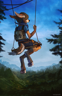 4_toes ambiguous_gender anthro backpack barefoot biped black_bottomwear black_clothing black_nose black_shorts bottomwear brown_body brown_fur brown_hair cigarette claws clothed clothing cloud curling_toes depth_of_field detailed_background digitigrade ear_piercing ears_back feet forest fur furgonomics hair hindpaw kerchief lake landscape long_ears mountain multicolored_bottomwear multicolored_clothing multicolored_shorts nature on_swing orange_bottomwear orange_clothing orange_shorts outside pawpads paws piercing pivoted_ears plant rear_view short_hair shorts sitting_on_swing sky smoke smoking solo swing tail tail_clothing three-quarter_view toe_claws toes tree two_tone_bottomwear two_tone_clothing two_tone_shorts sudo_poweroff ammo_(character) canid canine fox hybrid lagomorph leporid mammal rabbit 2014 hi_res