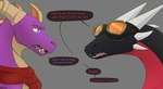 dialogue duo eyewear feral goggles horn multicolored_body scarf teeth text apollyondragon activision mythology spyro_the_dragon cynder spyro dragon mythological_creature mythological_scalie scalie 2023 digital_media_(artwork) english_text half-length_portrait hi_res portrait signature