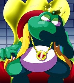 anthro chair cloak cloak_only clothed clothing crown crown_only furniture headgear headgear_only jewelry male mostly_nude necklace necklace_only nude partially_clothed sitting solo throne throne_room theaveragegarbage mario_bros nintendo wart_(mario) amphibian frog hi_res