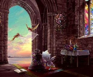 ambiguous_gender beak bell church feathered_wings feathers feral flower gothic_architecture group plant window wings spring_bane nintendo pokemon avian bird generation_1_pokemon generation_2_pokemon generation_3_pokemon humanoid pidgey pokemon_(species) roselia togetic