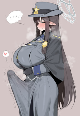 big_breasts big_penis black_capelet black_clothing black_gloves black_handwear blush blush_lines bodily_fluids breasts brown_hair bulge capelet clothing coat crossgender detailed_bulge ear_blush ellipsis erection erection_under_clothing ftg_crossgender fti_crossgender genital_fluids genital_outline genitals gloves grey_clothing grey_coat grey_hat grey_headwear grey_topwear gynomorph hair halo handwear hat headgear headwear heart_symbol huge_breasts huge_penis humanoid_pointy_ears intersex long_hair long_penis long_sleeves looking_at_viewer military_uniform musk not_furry penis penis_outline pointy_ears precum precum_bubble precum_through_clothing shy side_view simple_background solo speech_bubble steamy_breath tan_background throbbing throbbing_penis topwear uniform wet wet_clothing yellow_eyes xipa_(artist) blue_archive nexon misuzu_(blue_archive) elf humanoid absurd_res digital_drawing_(artwork) digital_media_(artwork) hi_res