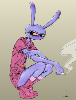 anthro blush clothed clothing female footwear long_ears purple_body purple_skin shoes smoking solo text yellow_eyes yellow_sclera hornyfudge glitch_productions the_amazing_digital_circus jax_(tadc) lagomorph leporid mammal rabbit absurd_res hi_res url trans_(lore) trans_woman_(lore)