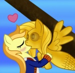 blush duo feathered_wings feathers female female/female feral figurehead heart_symbol kiss_on_lips kissing love solo_focus wings fetchbeer friendship_is_magic hasbro monkey_island my_little_pony mythology apple_strudely_(mlp) guybrush_threepwood equid equine mammal mythological_creature mythological_equine pegasus digital_media_(artwork)