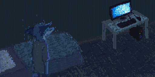 anthro bed bedroom blue_body blue_fur clothing computer electronics fur furniture grey_clothing grey_shirt grey_t-shirt grey_topwear inside light male shirt solo t-shirt table topwear demensa emil_(demensa) canid canine canis coyote domestic_dog mammal 2018 2:1 digital_media_(artwork) pixel_(artwork)
