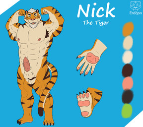 animal_genitalia animal_penis anthro armpit_hair beard body_hair claws color_swatch facial_hair fangs feline_genitalia feline_penis fur genitals goatee green_eyes grin grinning_at_viewer inner_ear_fluff looking_at_viewer male markings muscular muscular_anthro muscular_male nipples open_mouth open_smile orange_body orange_fur penis sheath simple_background smile smiling_at_viewer snout solo striped_body striped_fur striped_markings striped_tail stripes tail tail_markings teeth text tuft white_body white_fur white_text eraqon nick_(eraqon) felid mammal pantherine tiger hi_res model_sheet