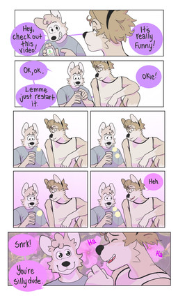 anthro blank_expression blush clothing dialogue duo electronics flower handband laugh looking_at_another love male male/male phone plant romantic romantic_couple shirt short slightly_chubby tank_top text topwear p_rindustries dexter_(p_rindustries) kevin_(p_rindustries) canid canine mammal 3:5 comic english_text hi_res