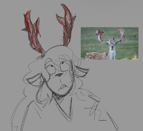 2_horns anthro antlers blood bodily_fluids buckteeth clothed clothing female freckles grey_background hair horn looking_up photo_reference shedding_velvet simple_background solo teeth cheesebrackers deltarune undertale_(series) noelle_holiday deer mammal new_world_deer reindeer 2025 reference_image