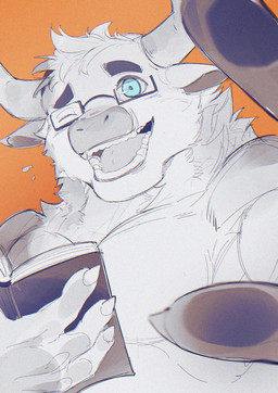 2_horns anthro black_eyebrows blue_eyes book bovid_horn bovine_horn bull_horn claws eyebrows eyewear eyewear_only finger_claws fingerpads fur glasses glasses_only head_horn holding_book holding_object horn looking_at_viewer male nude nude_anthro nude_male one_eye_closed open_book open_mouth open_smile orange_background pawpads pince-nez pupils rectangular_glasses ringed_iris simple_background smile smiling_at_viewer solo teeth thick_eyebrows tongue_showing wearing_glasses white_body white_fur white_sclera chiayeeee bovid bovine cattle mammal 2024 bust_portrait chromatic_aberration digital_drawing_(artwork) digital_media_(artwork) hi_res portrait