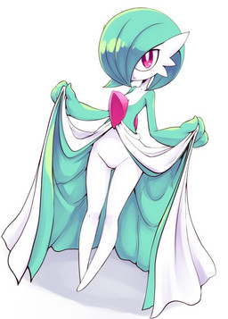 bottomless butt butt_from_the_front clothed clothing clothing_lift dress dress_lift featureless_crotch female flat_chested looking_at_viewer not_furry null pink_eyes solo standing wide_hips nollety nintendo pokemon gardevoir generation_3_pokemon mammal pokemon_(species)