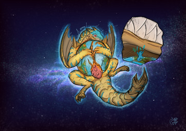 anthro body_size_growth cutout destruction duo earth extreme_size_difference feral giga glowing glowing_eyes grin looming macro male onomatopoeia planet planet_destruction planet_penetrated size_difference size_transformation smile sound_effects space terra_macro text transformation gybyderg capcom monster_hunter mythology grev_(greviste) gyby_(gybyderg) dragon flying_wyvern mythological_creature mythological_scalie scalie tigrex absurd_res hi_res