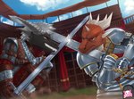 anthro armor duel duo horn male medieval melee_weapon sparks sword weapon sparkittyart mythology the_witcher dragon mythological_creature mythological_scalie scalie