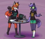 2024 4_toes 5_fingers anthro biped black_clothing black_shirt black_topwear book boss_monster_(undertale) bottomwear brown_hair brown_pawpads c_(programming_language) canid canine cheek_tuft chujin_ketsukane clothing coffee_cup computer container crossover cup dated dipstick_tail dolphin_shorts duo electronics english_text eyewear facial_tuft fan_character feet female fingers footwear fortran_(programming_language) fox frigadae fur glasses gloves_(marking) goggles green_eyes grey_bottomwear grey_clothing grey_shorts hair hi_res inner_ear_fluff laptop leg_markings linux male mammal markings pawpads purple_background purple_body purple_fur purple_hair red_body red_fox red_fur shirt shorts signature simple_background socks socks_(marking) standing tail tail_markings text text_on_clothing text_on_shirt text_on_topwear the_c_programming_language_(book) toes topwear trans_(lore) trans_woman_(lore) true_fox tuft undertale_(series) undertale_yellow unix white_inner_ear white_inner_ear_fluff xenia_(linux)