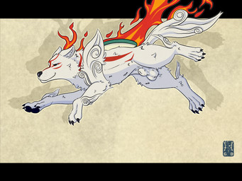 4_legs animal_genitalia balls border claws feral fire genitals jumping looking_at_viewer male shadow sheath simple_background smile snout solo tail whisker_spots garo_(artist) capcom okami_(capcom) amaterasu_(okami) canid canine canis deity mammal wolf 2026 absurd_res colored digital_media_(artwork) hi_res line_art shaded signature