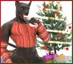 2017 3d_(artwork) 5_fingers adobe_photoshop_(artwork) anthro anubian_jackal anubis azentaru_(r-a-s-p) biped black_body black_skin border candy candy_cane canid canine canis christmas christmas_present christmas_tree deity dessert digital_media_(artwork) egyptian_mythology fingers food front_view gift hi_res holidays jackal kneeling licking looking_at_viewer male mammal middle_eastern_mythology mythology navel open_mouth plant poser_(artwork) r-a-s-p_(artist) simple_background solo text tongue tongue_out tree url white_background yellow_eyes