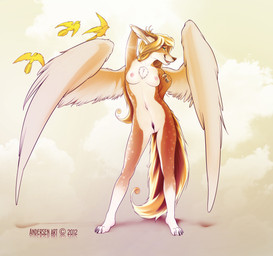 anthro biped blonde_hair breasts casual_nudity cocked_hip digitigrade erect_nipples fangs feathered_wings feathers female feral fluffy fluffy_tail genitals green_eyes hair half-closed_eyes hand_behind_head narrowed_eyes navel nipples nude open_mouth pose pubes purple_pubes smile solo spread_legs spreading standing sun tail teeth thigh_gap tuft vulva wings antiander avian bird canid canine deer fox hybrid mammal 2012 absurd_res digital_media_(artwork) hi_res