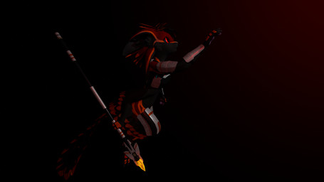 4_arms 4_ears anthro armor black_body black_feathers feathers male multi_arm multi_ear multi_limb orange_body orange_feathers pawpads purple_pawpads red_body red_feathers simple_background solo staff data_hellfire data_hellfire_(character) avali 16:9 3d_(artwork) absurd_res digital_media_(artwork) hi_res widescreen