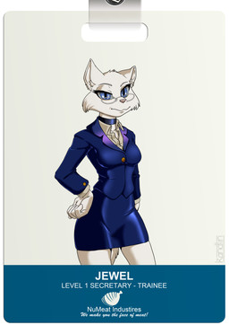 5_fingers anthro blue_eyes breasts clothed clothing collar dress eyebrows eyewear female fingers fur glasses inner_ear_fluff pink_nose small_breasts solo standing tail text tuft wearing_glasses white_body white_eyebrows white_fur white_inner_ear_fluff kandlin whitekitten jewel_(whitekitten) domestic_cat felid feline felis mammal absurd_res english_text hi_res shaded