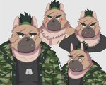 anthro black_clothing black_nose black_shirt black_topwear brown_body brown_fur camo_jacket clothing dog_tags eyebrows facial_scar fur green_eyebrows green_eyes hair male scar shirt solo tan_body tan_fur tied_hair topwear ororwide11 lifewonders tokyo_afterschool_summoners yasuyori_(tas) canid canine canis domestic_dog mammal 2022 colored