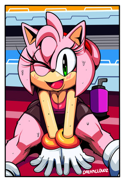 accessory aged_up anthro bendy_straw blush bodily_fluids border bottomwear bracelet breasts cleavage clothed clothing container cup drinking_straw exercise eyelashes female fur gloves green_eyes hair_accessory hairband handwear jewelry one_eye_closed open_mouth open_smile pink_body pink_fur shirt shorts smile solo spandex spandex_shorts sweat tank_top tight_bottomwear tight_clothing tight_shorts topwear white_border white_clothing white_gloves white_handwear wink workout cloudz superbunnygt sega sonic_the_hedgehog_(series) amy_rose eulipotyphlan hedgehog mammal absurd_res digital_media_(artwork) hi_res signature