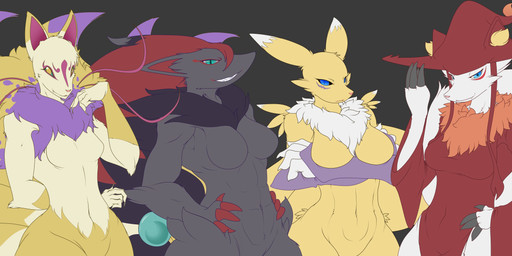 anthro breasts crossgender dark_sclera featureless_breasts female fur grey_body grey_fur looking_at_viewer medium_breasts palmorph pokemorph white_body white_fur yellow_body yellow_fur enryou bandai_namco digimon level-5 nintendo palworld pocketpair pokemon yo-kai_watch kyubi_(yo-kai_watch) canid canine digimon_(species) generation_5_pokemon mammal pal_(species) pokemon_(species) renamon wixen zoroark absurd_res hi_res