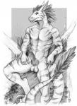 animal_genitalia anthro balls claws erection feathers genitals knot long_ears looking_at_viewer male muscular muscular_anthro muscular_male nude outside penis scales simple_background solo tail teeth tanutanuki mythology etak dragon mythological_creature mythological_scalie scalie 2018 monochrome