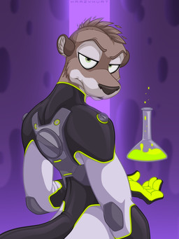 anthro armwear brown_body brown_fur clothed clothing coat fur glistening gloves hair handwear lab_coat laboratory latex latex_clothing latex_handwear latex_skinsuit liquid liquid_latex male science_fiction skinsuit solo tail tight_clothing topwear underwear conditional_dnp krazykurt kelani hybrid kangaroo macropod mammal marsupial mustelid otter 3:4 absurd_res digital_media_(artwork) hi_res