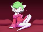 3_fingers bed clothed clothing cowlick female fingers furniture green_hair hair hand_on_leg heart_symbol looking_away not_furry off_shoulder pillow red_background red_eyes short_hair simple_background sitting smile solo sweater topwear kordcross nintendo pokemon mia_(marbearis) gardevoir generation_3_pokemon humanoid pokemon_(species) 2020 hi_res