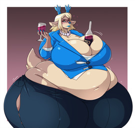 alcohol anthro antlers belly beverage beverage_between_breasts big_belly big_breasts blazer blonde_hair blue_antlers blue_blazer blue_clothing blue_eyes blue_fingernails blue_lips blue_nails blue_nose blue_topwear blush border breasts bulging_breasts cleavage clothed clothed_anthro clothed_female clothing colored_nails container cup drinking_glass eyelashes female female_anthro fingernails front_view fur glass glass_container glass_cup gradient_background hair horn huge_belly huge_breasts huge_hips huge_thighs hyper hyper_hips hyper_thighs jewelry legwear lips long_eyelashes looking_at_viewer motion_lines nails navel necklace obese obese_anthro obese_female object_between_breasts overweight overweight_anthro overweight_female rear_view scut_tail short_tail simple_background solo substance_intoxication tail tan_body tan_fur tear_trough thick_thighs three-quarter_view topwear torn_clothing torn_legwear white_border wide_hips wine wine_bottle wine_glass spiralingstaircase deltarune undertale_(series) carol_holiday deer mammal hi_res portrait three-quarter_portrait