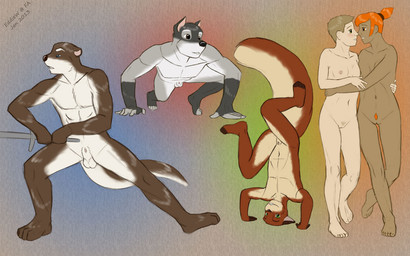 5_fingers abs action_pose all_fours animal_genitalia anthro areola arm_support athletic athletic_anthro athletic_male balls bangs biceps biped black_body black_fur black_nose blonde_hair blonde_pubes blue_eyes blush breasts brown_body brown_eyes brown_fur butt casual_nudity cheek_tuft collarbone duo eye_contact eyebrows eyelashes facial_tuft featureless_chest feet female female/female fight fingers fluffy fluffy_tail fully_sheathed fur furaffinity_handle genitals glistening glistening_body glistening_fur glistening_nose green_eyes grey_body grey_fur hair handstand head_tuft holding_object hug intraspecies light_body light_skin looking_aside looking_at_another looking_at_viewer looking_forward makeup male mascara mature_anthro mature_male melee_weapon muscular muscular_anthro muscular_male neck_muscles nipples nude nude_anthro nude_female nude_human nude_male open_mouth orange_eyes orange_hair orange_pubes otter_tail pecs penis pink_penis pointy_ears pose prick_ears pubes romantic round_ears serious_face sheath short_hair side_bangs simple_background slim slim_female small_breasts smile soft_abs solo spreading squirrel_tail standing sword tail tan_body tan_fur tan_skin teeth teeth_showing text textured_background thick_tail tied_hair toes training tuft upside_down vulva walking weapon white_body white_fur year eddiew archer_(eddiew) balthor_(eddiew) canid canine canis eurasian_red_squirrel human mammal mustelid otter rodent sciurid tree_squirrel wolf 16:10 2013 artist_name character_collage dated digital_media_(artwork) english_text multiple_images pinup widescreen