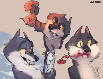 ambiguous_gender anthro berry big_pupils bodily_fluids constricted_pupils dilated_pupils directional_arrow drooling duo eating eating_food eyebrows food food_stains fruit fur fuzzy grey_body grey_fur holding_another holding_object hungry looking_at_another looking_at_viewer male messy_eater multicolored_body multicolored_fur open_mouth open_smile plant pointy_ears prick_ears pupils saliva simple_background size_difference small_pupils smile solo_focus stain tail tail_grab teeth underbelly wide_eyed x_eyes yellow_eyes aleskisam intermarche_unloved albert_(intermache_unloved) aquatic canid canine canis fish mammal rodent sciurid tree_squirrel wolf multiple_images signature