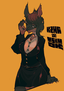 anthro big_breasts black_eyes bodily_fluids breasts brown_body brown_fur businesswear chest_tuft female fur kemono looking_at_viewer multicolored_body multicolored_fur saliva simple_background solo tongue tongue_out tuft two_tone_body two_tone_fur idkuroi canid canine mammal 2015